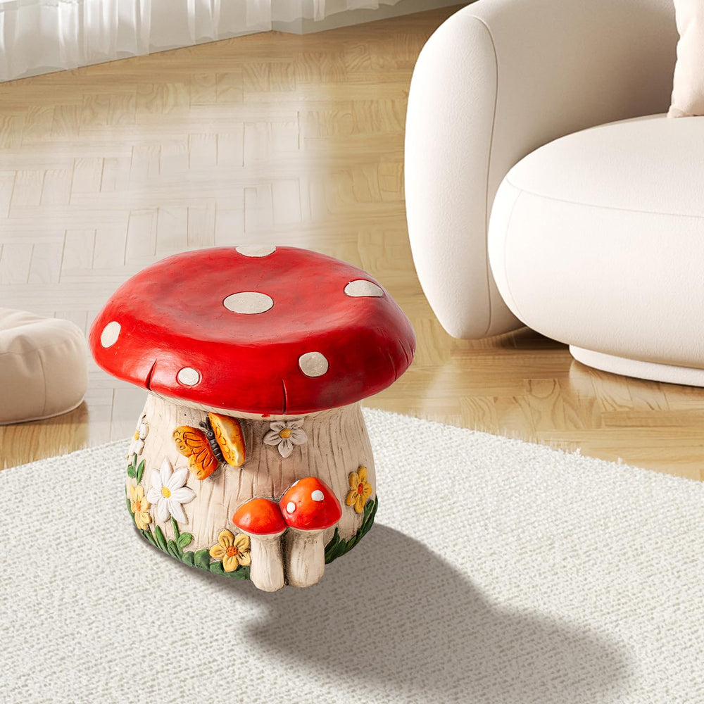 Surlama mushroom on patio next to planters creating cozy vignette