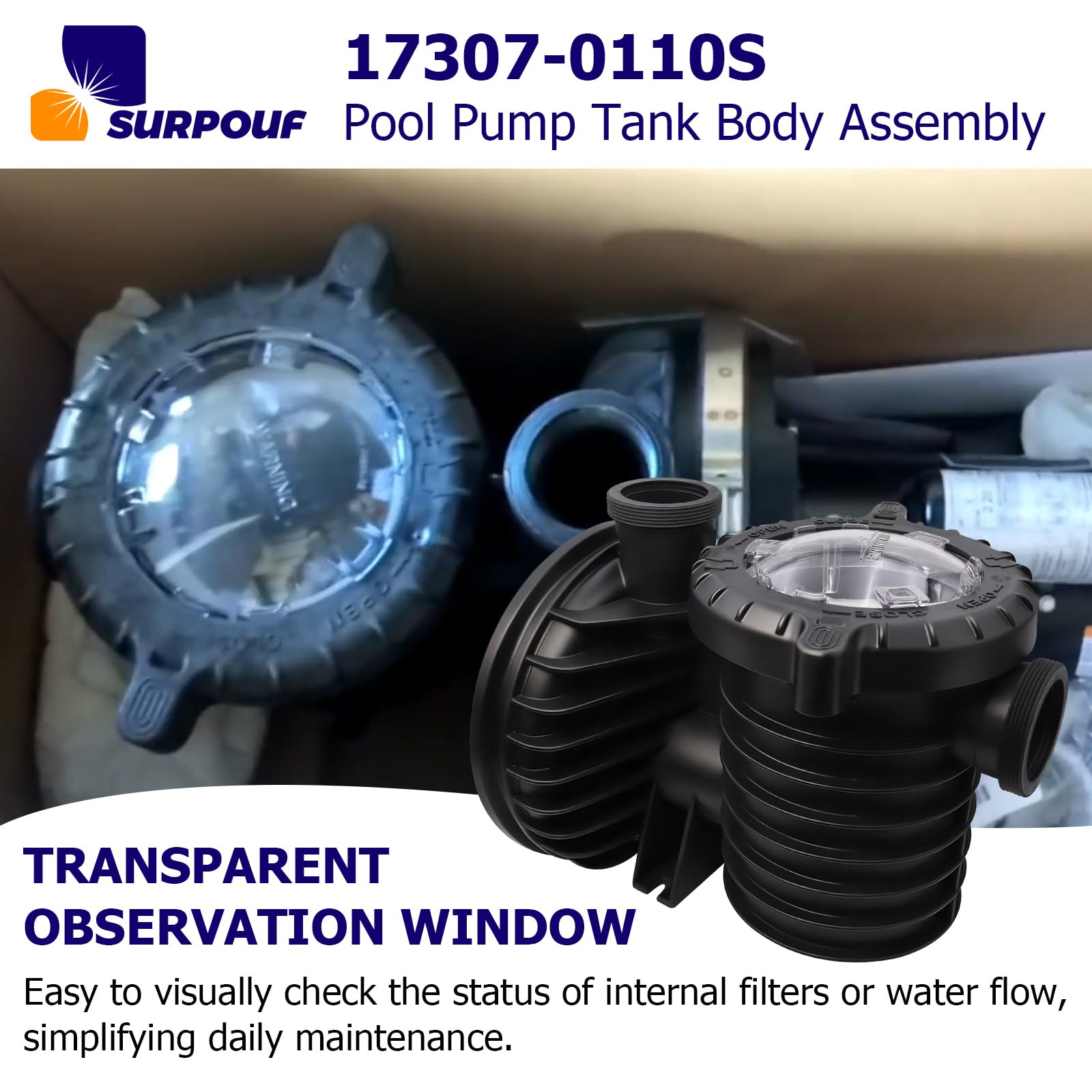 SURPOUF tank body mounted on IntelliPro VS 3050 pump illustrating compatibility