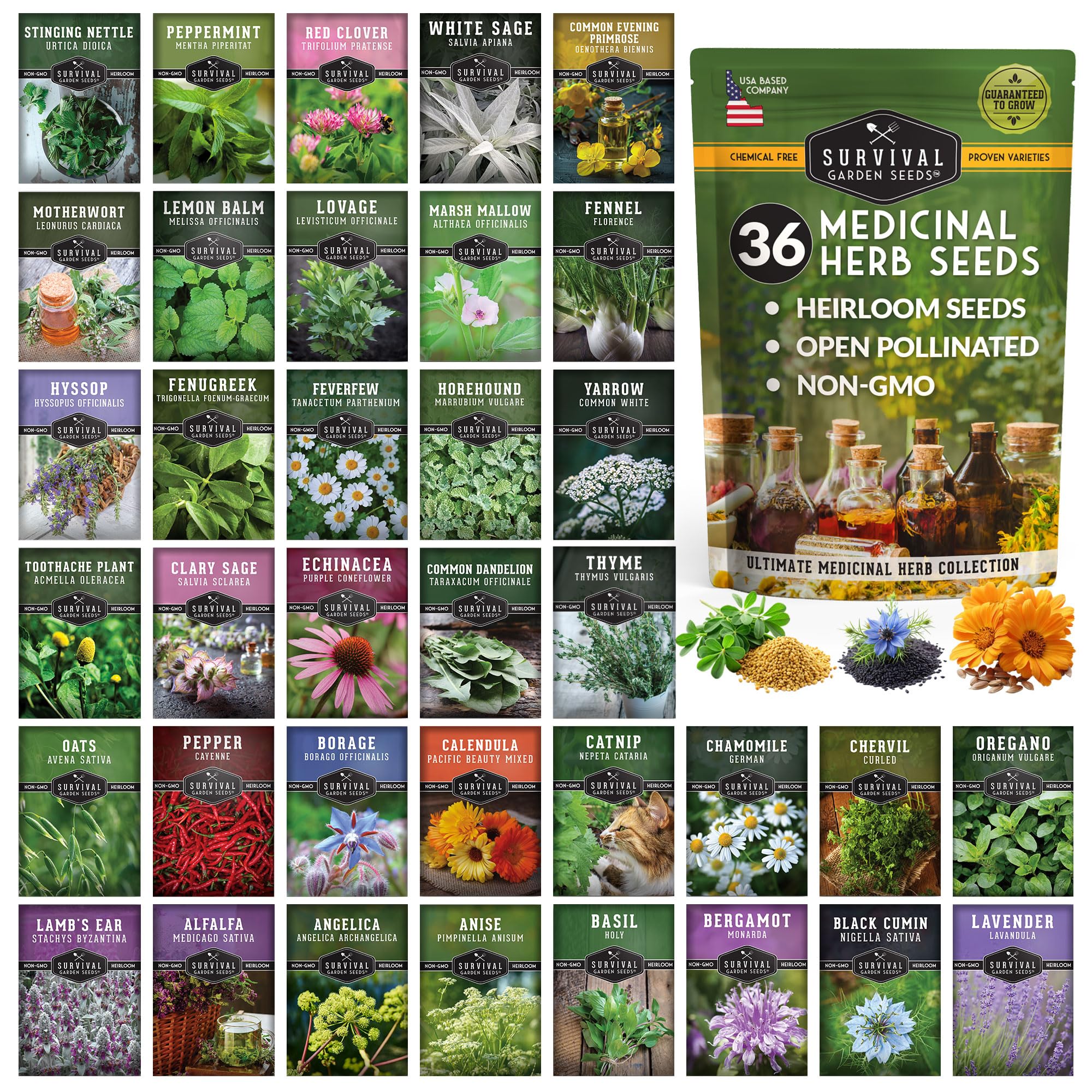 SURVIVAL GARDEN SEEDS front packaging showing the 36-variety herb kit and benefits