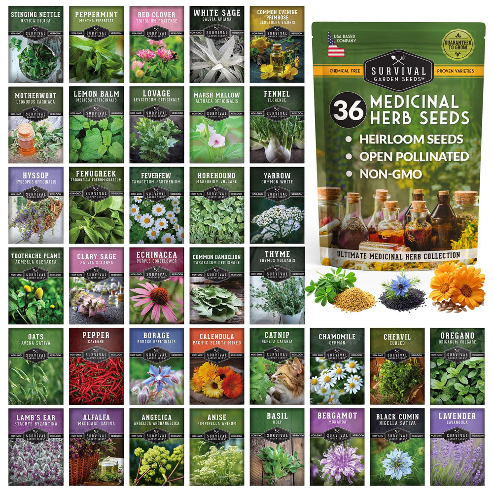 SURVIVAL GARDEN SEEDS front packaging showing the 36-variety herb kit and benefits