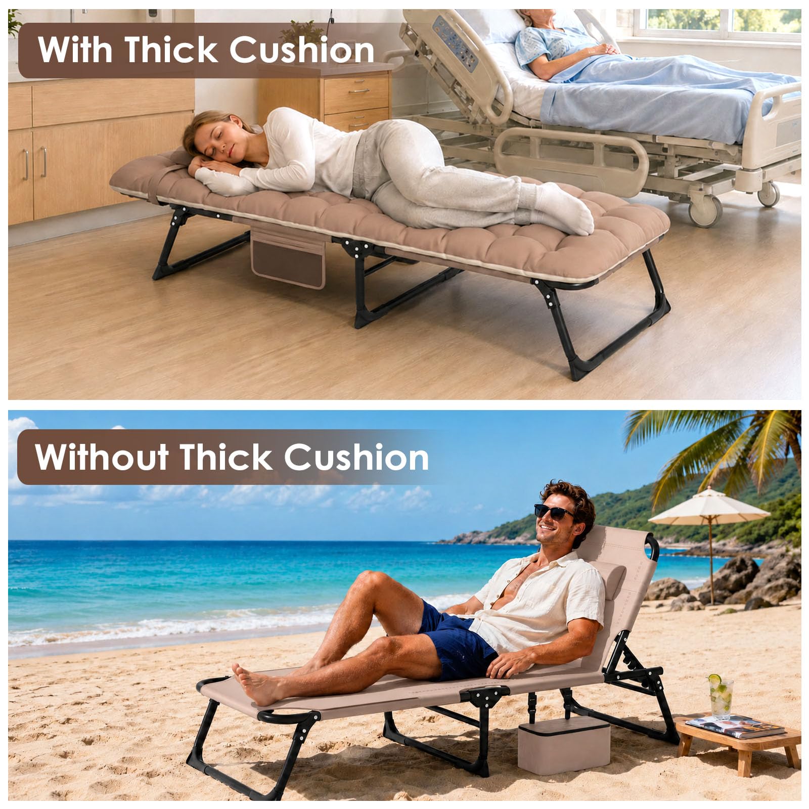 Suteck chair on beach in use showing portability and relaxation benefit