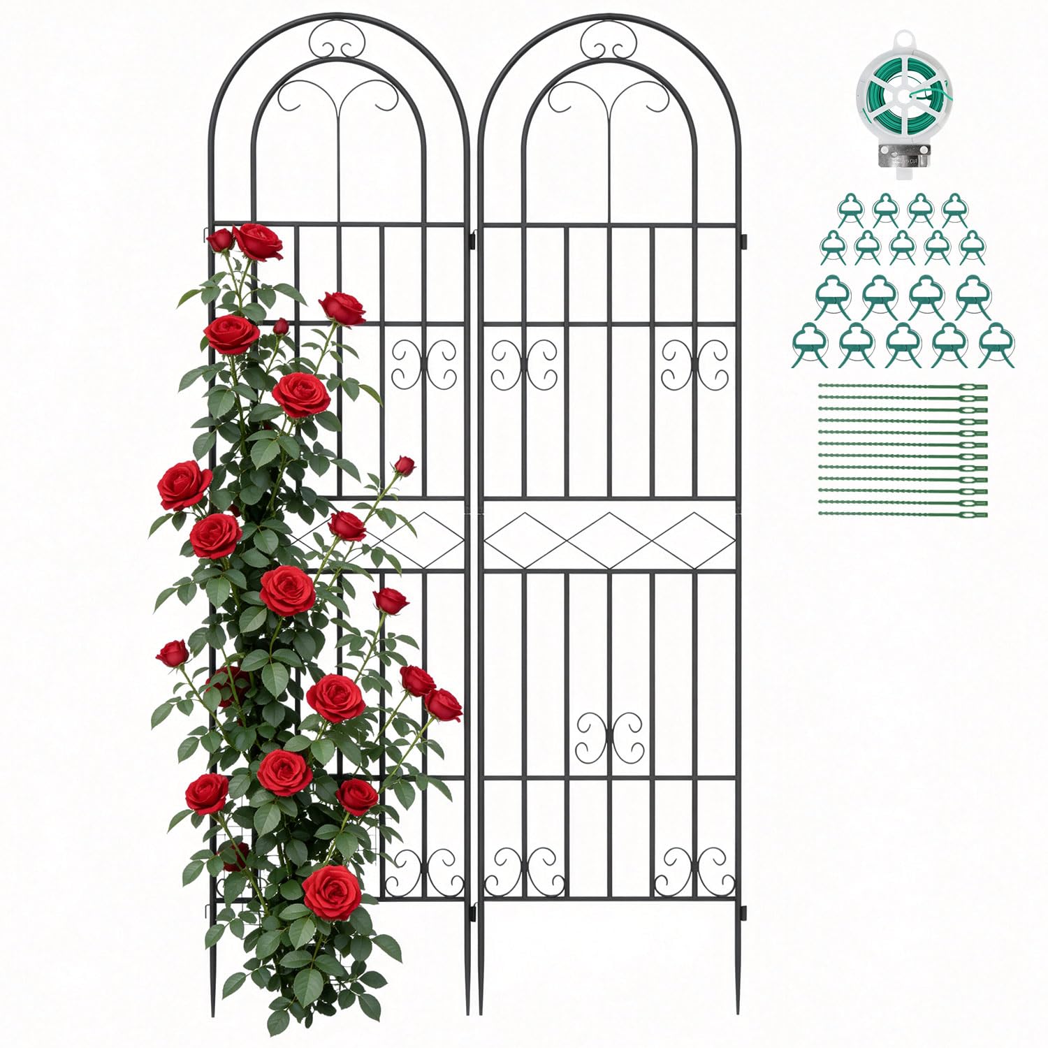 Suteck front view of two trellis panels showing elegant arch and finish benefits structure