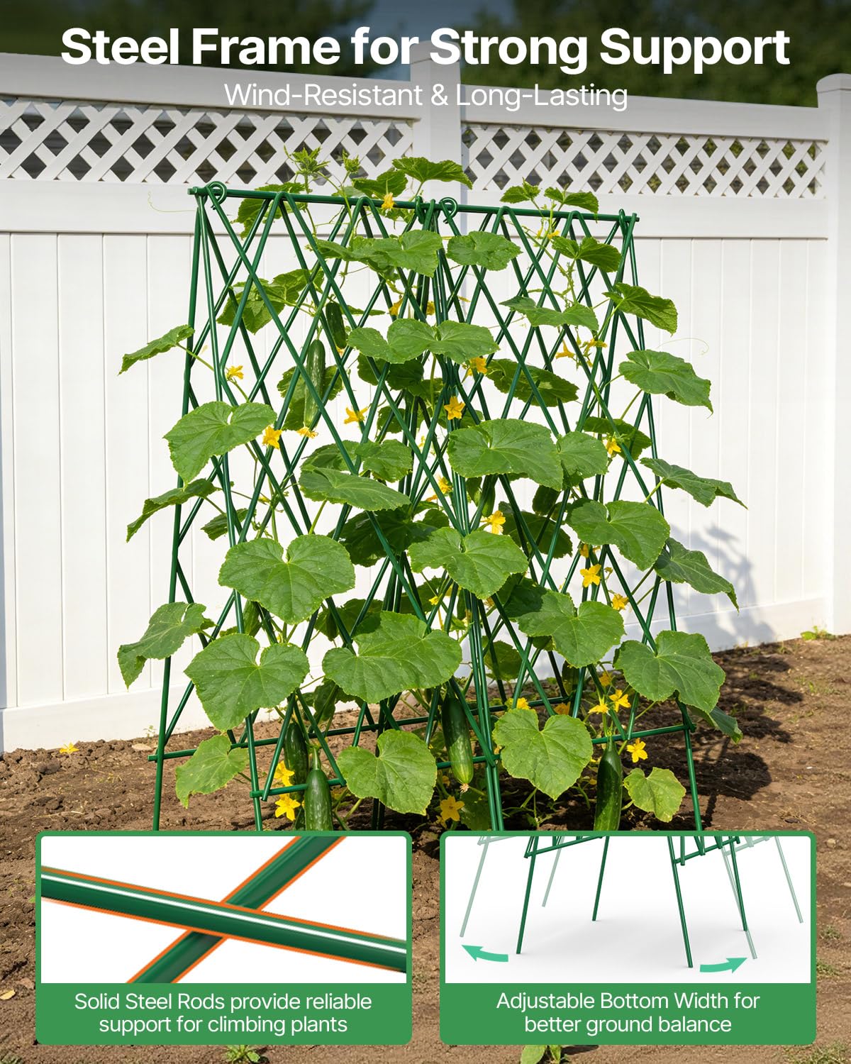 Suteck installed in a raised bed supporting cucumber vines for space-saving growth