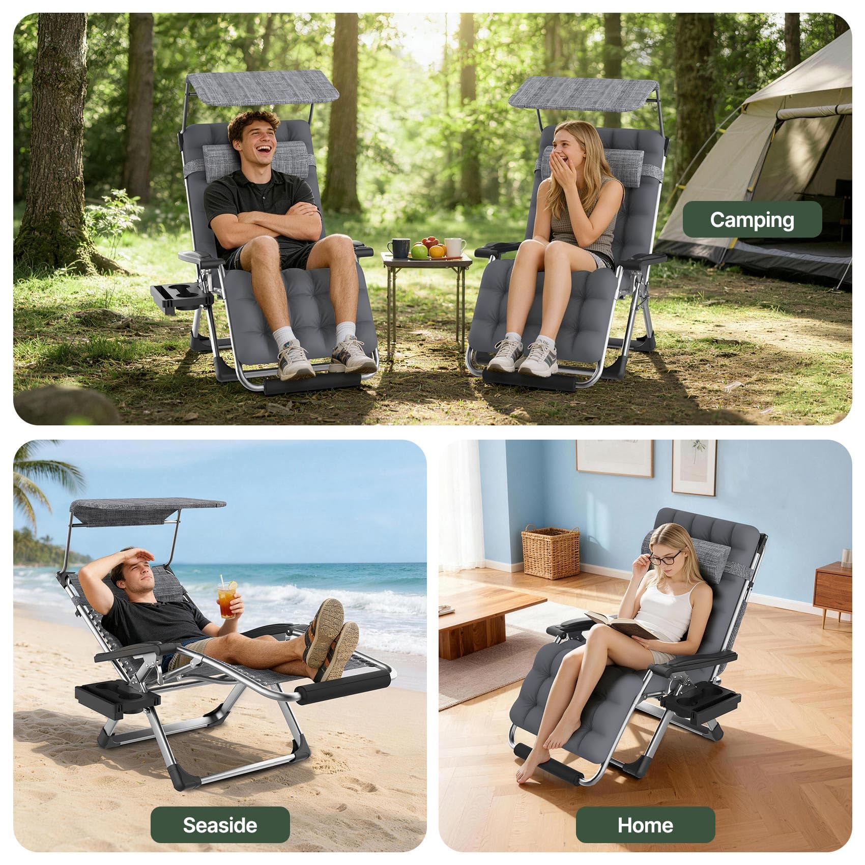 Suteck chair on patio illustrating portable shaded relaxation