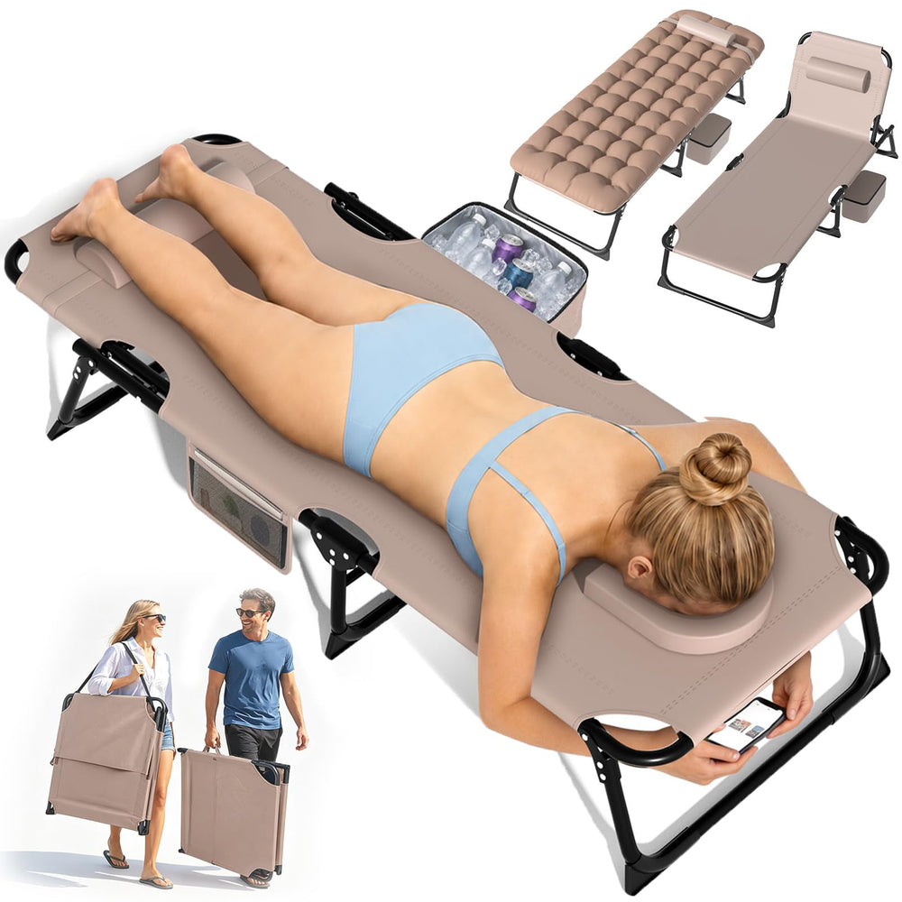 Suteck front view of tanning chair showing wide reclining surface and comfort