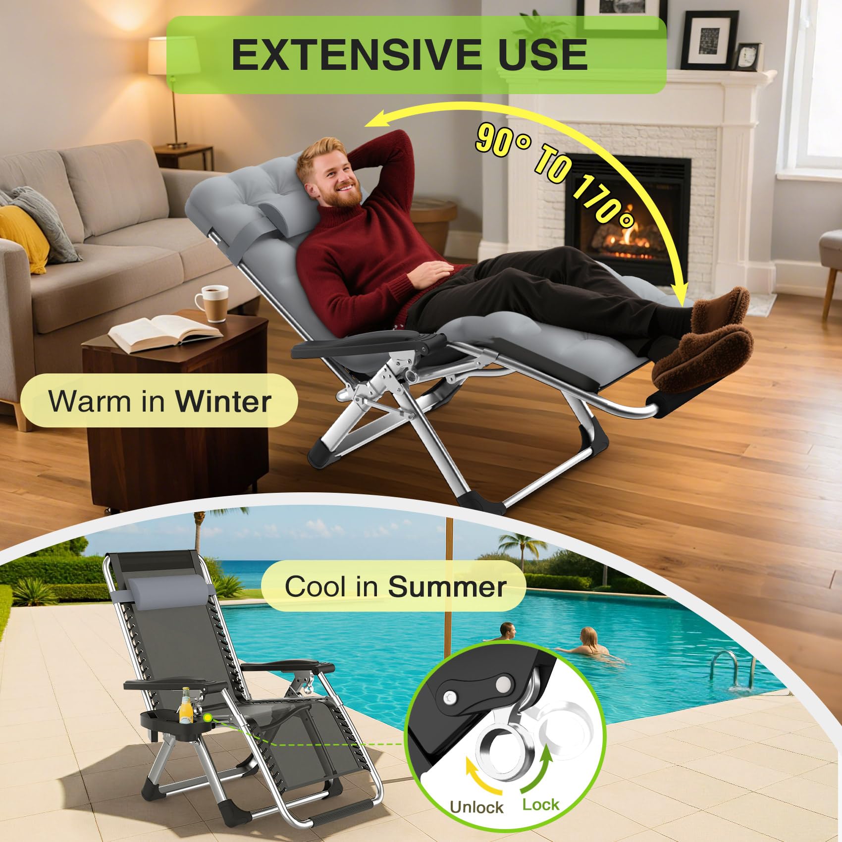 Suteck size comparison with person showing oversized seating and stability