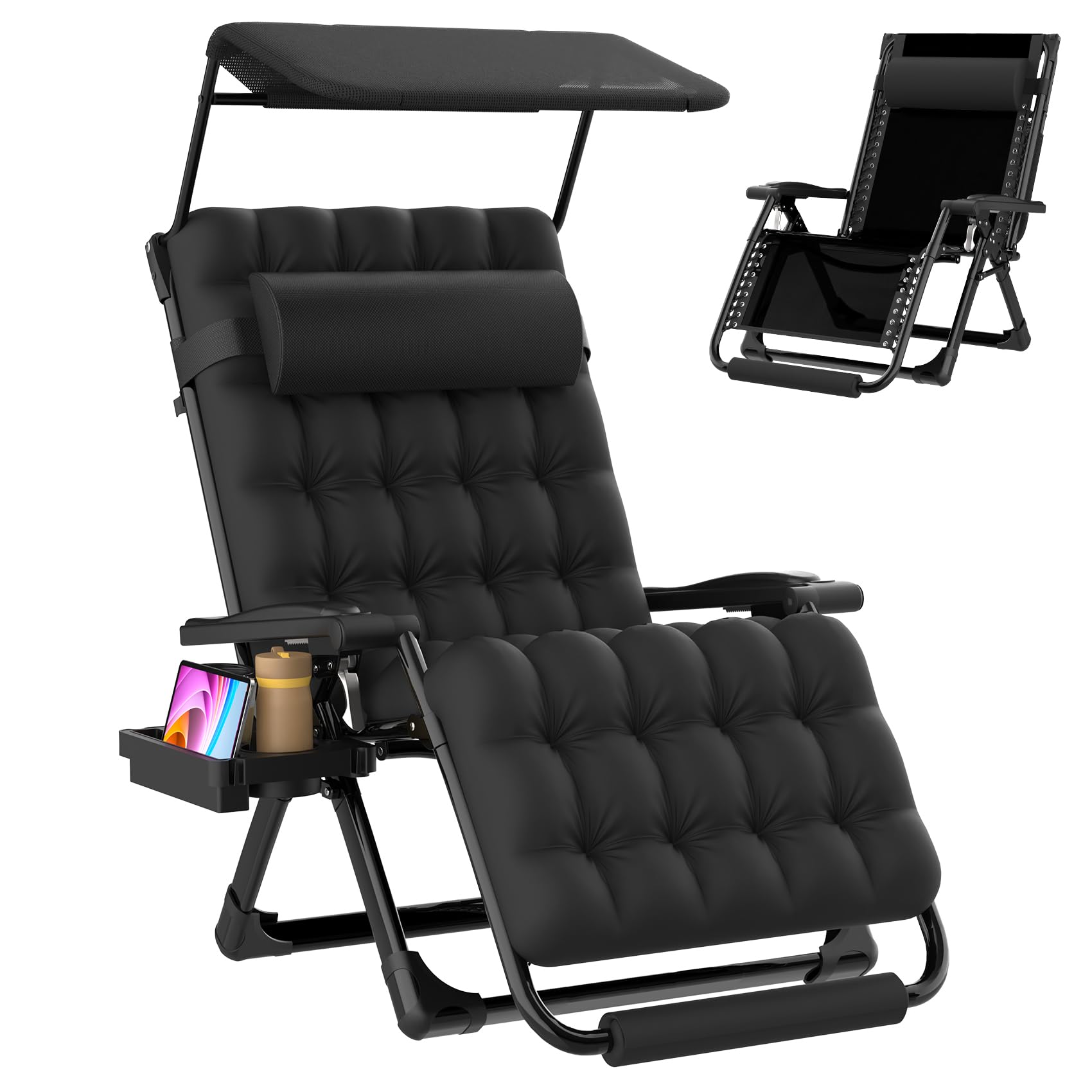 Suteck front view of XXL zero gravity chair showing roomy seat and canopy for shaded comfort