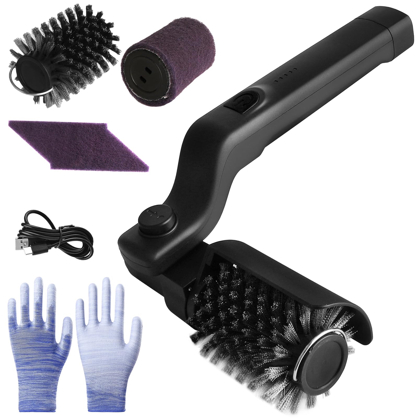 Suteng front view of cordless electric grill brush showing ergonomic grip and controls, faster cleaning