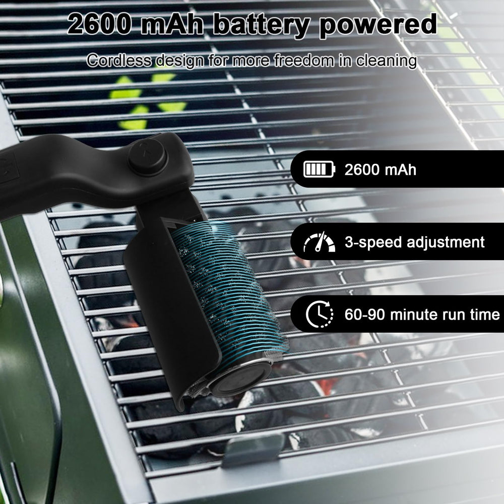 Suteng electric brush in use on a barbecue grill removing char and grease quickly