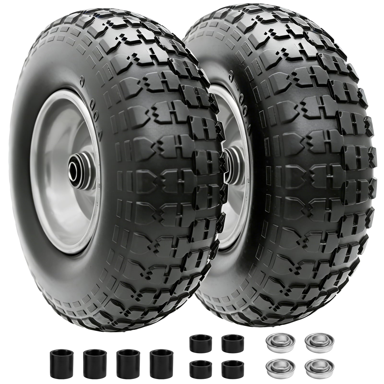 Sutmorly front view of two packaged 13-inch flat-free tires showing immediate use benefit