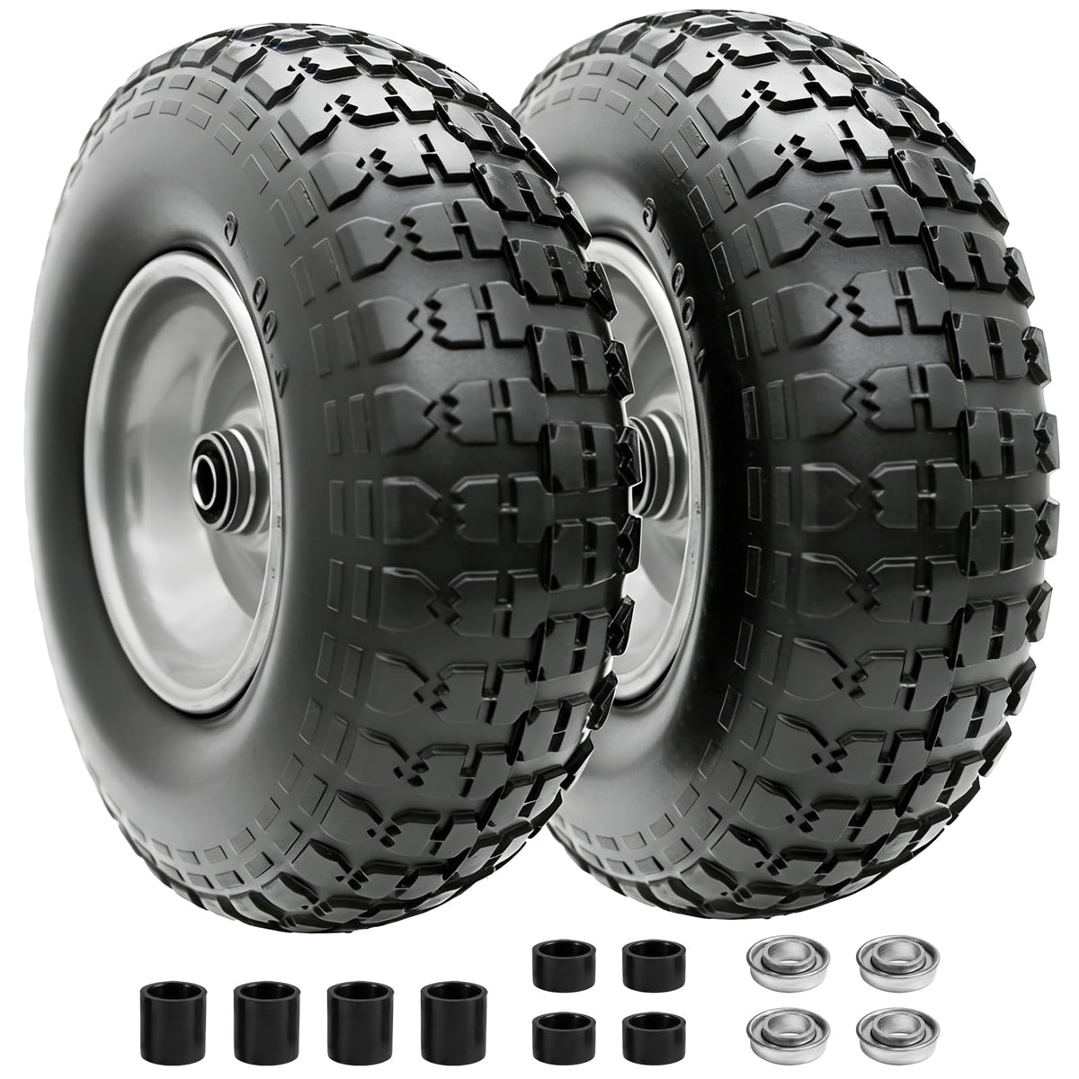 Sutmorly front view of two packaged 13-inch flat-free tires showing immediate use benefit