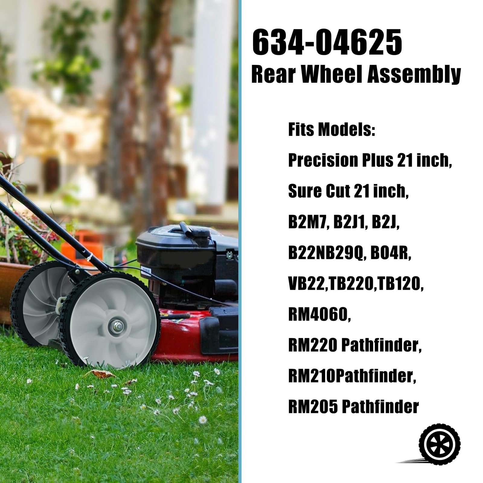 Sutmorly wheel on mower in lawn setting for reliable yard performance