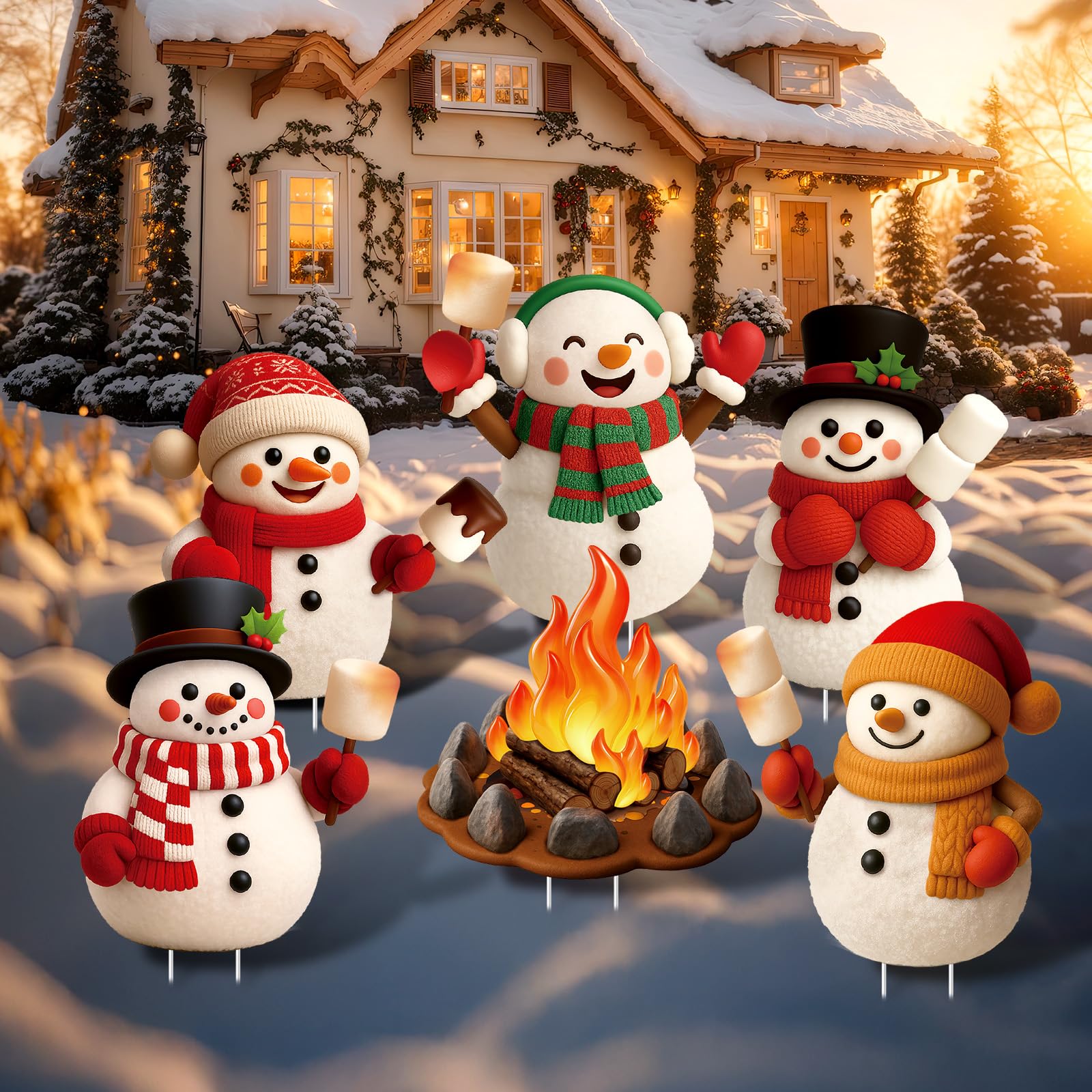 Suttmin front view of six snowman campfire yard signs showing festive curb appeal
