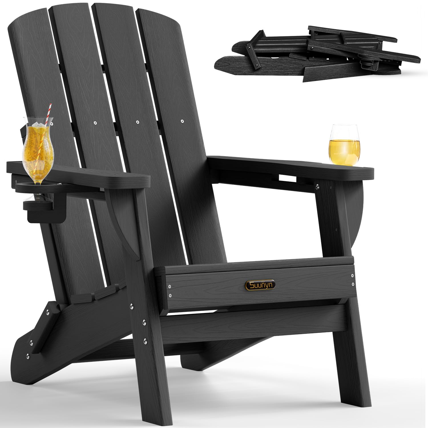 SUUNYN front view of black Adirondack chair showing sturdy silhouette and comfort