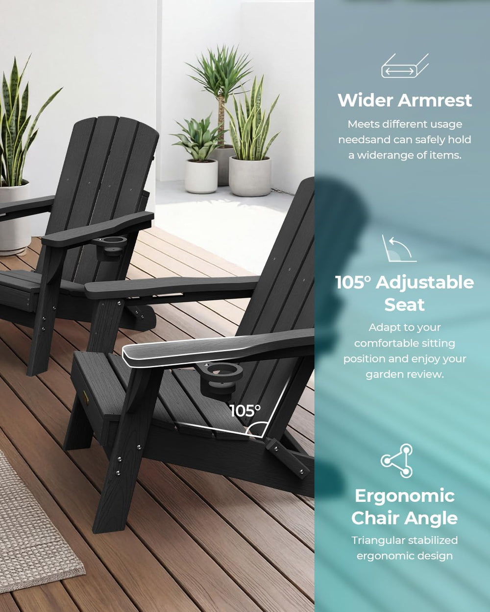 SUUNYN close-up of slatted seat and angled back for long-lasting comfort