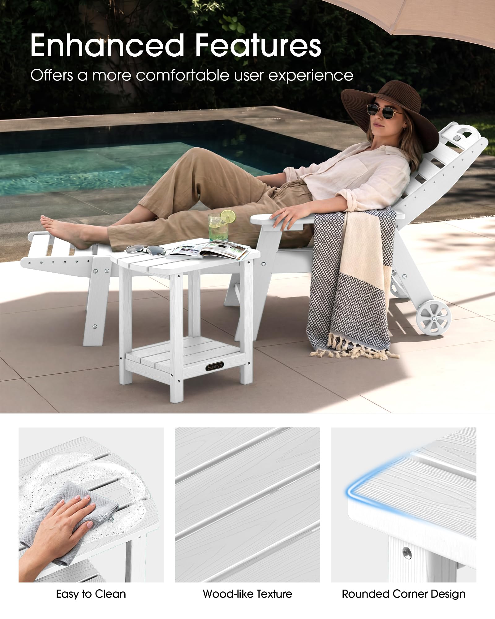 SUUNYN table assembled on patio beside seating showing practical outdoor use