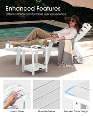 SUUNYN table assembled on patio beside seating showing practical outdoor use
