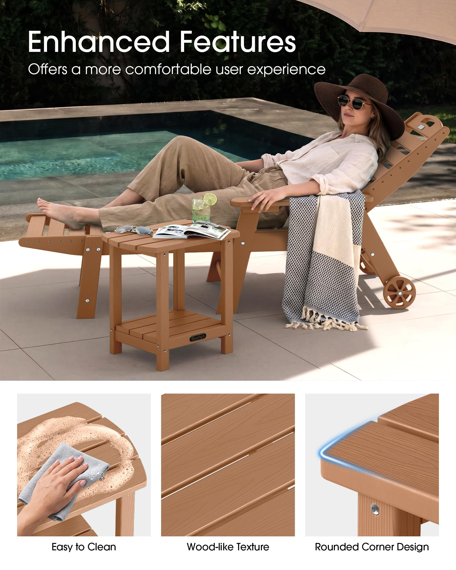 SUUNYN table in use on patio demonstrating convenient surface for drinks