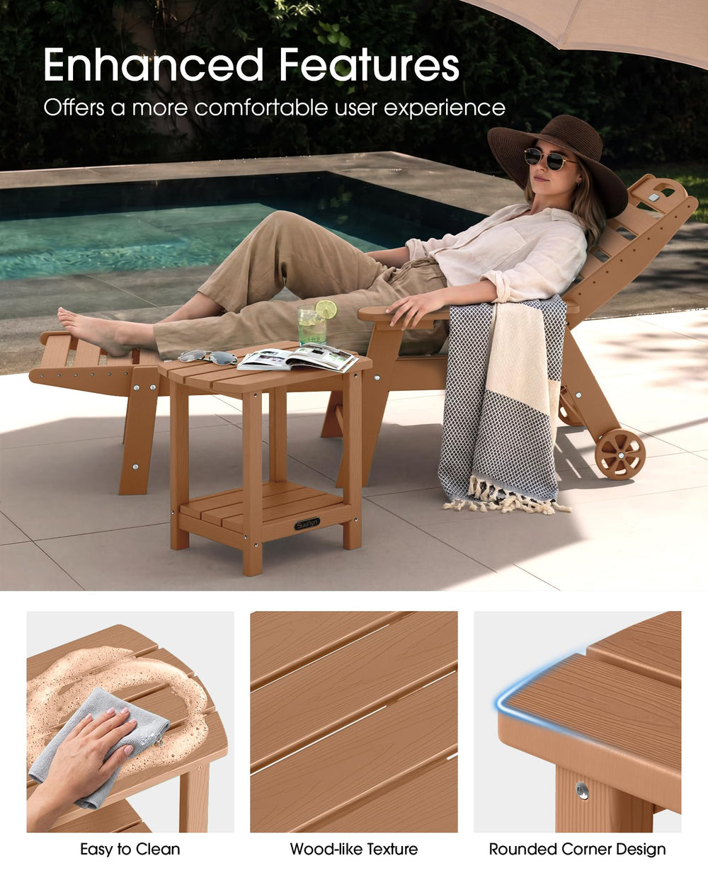 SUUNYN table in use on patio demonstrating convenient surface for drinks