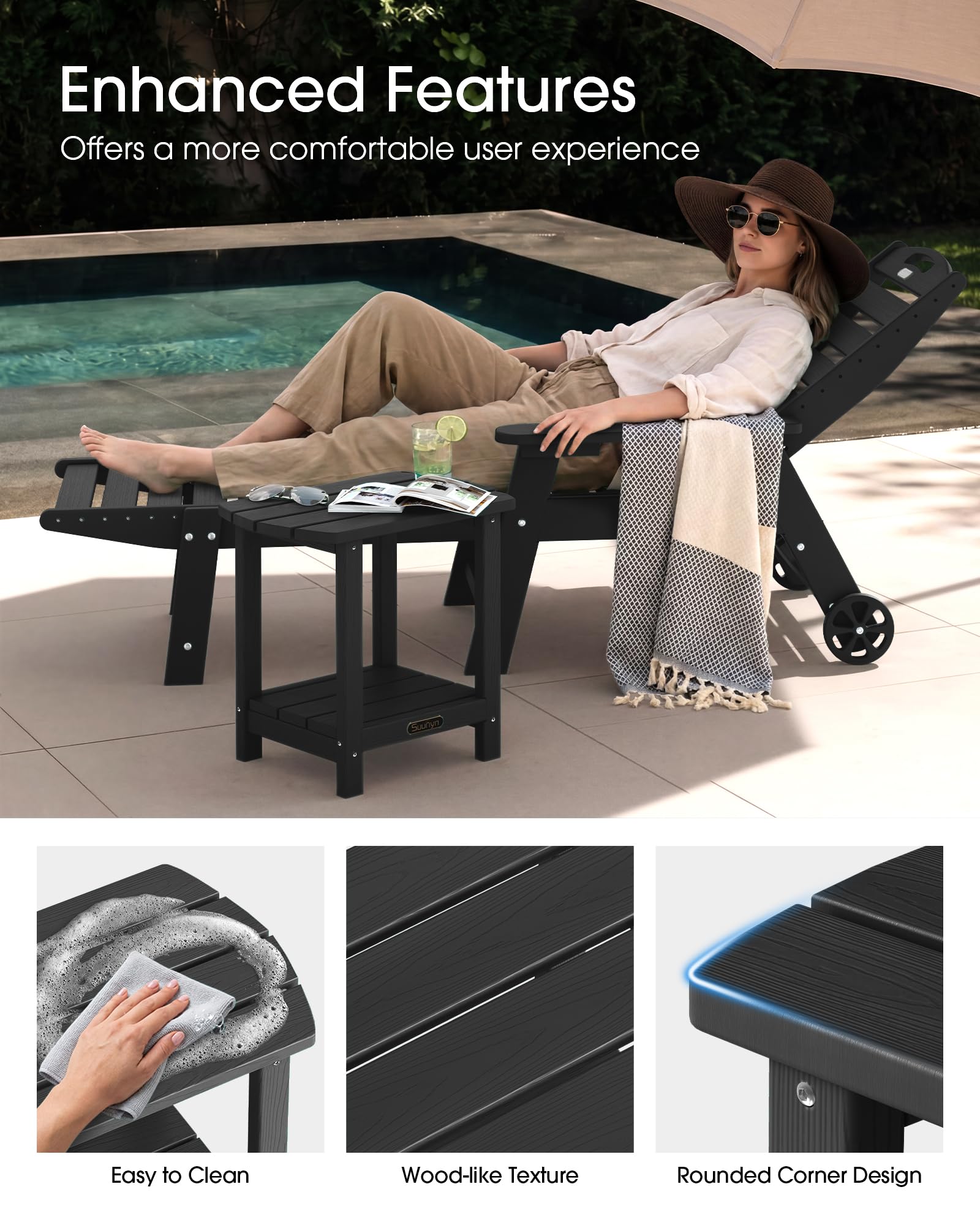 SUUNYN side table in use on patio showing convenience next to Adirondack chair