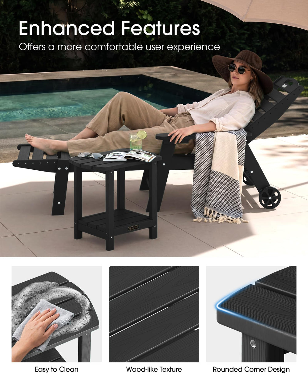 SUUNYN side table in use on patio showing convenience next to Adirondack chair