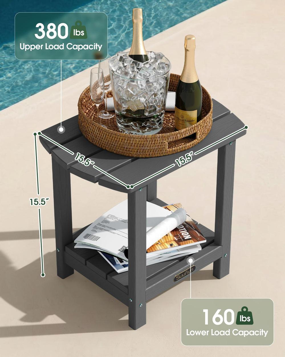 SUUNYN detail of two-tier shelf offering extra storage for drinks and books