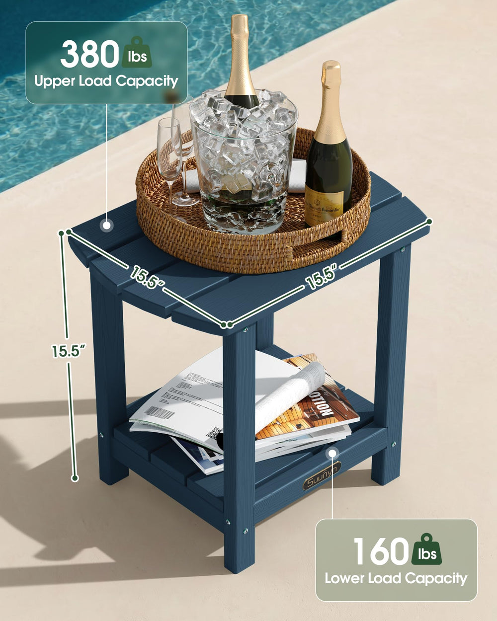 SUUNYN two-tier shelf view demonstrating extra storage and load capacity