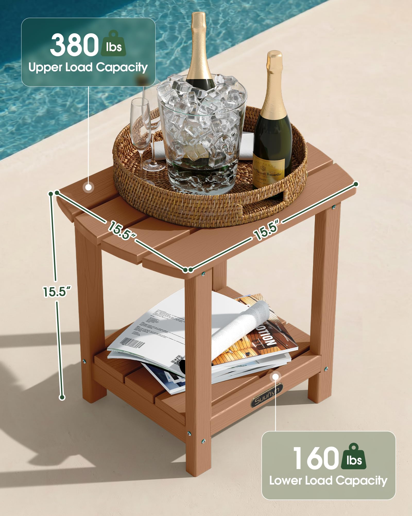 SUUNYN two-tier detail showing storage shelf for extra outdoor organization