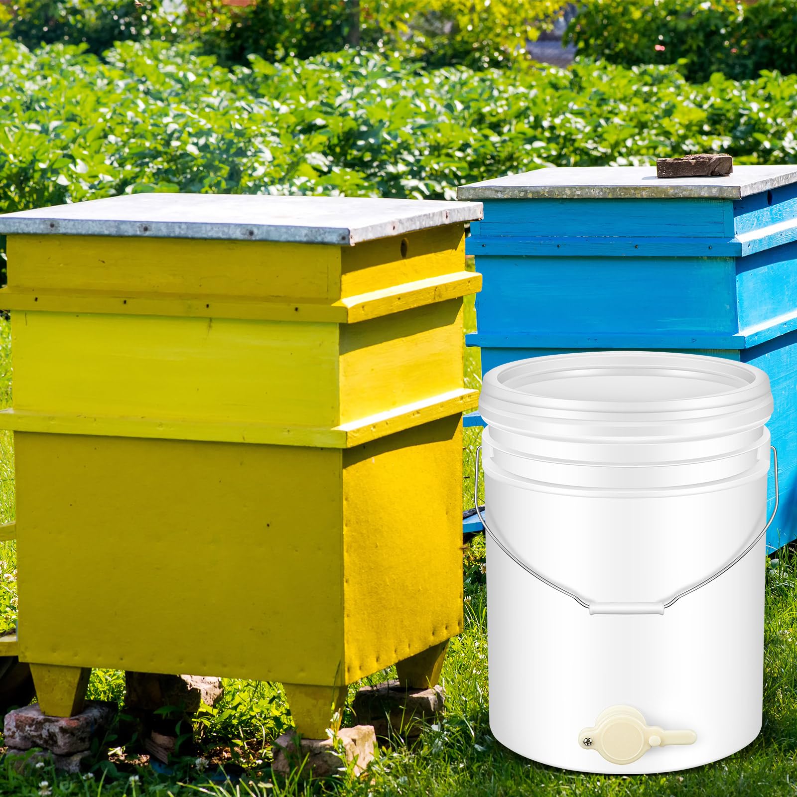 Suzile bucket positioned under extractor with honey flowing into the spigot for cleaner transfers