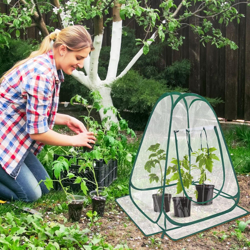 Suzile folded greenhouse next to a ruler showing compact storage and portability benefit