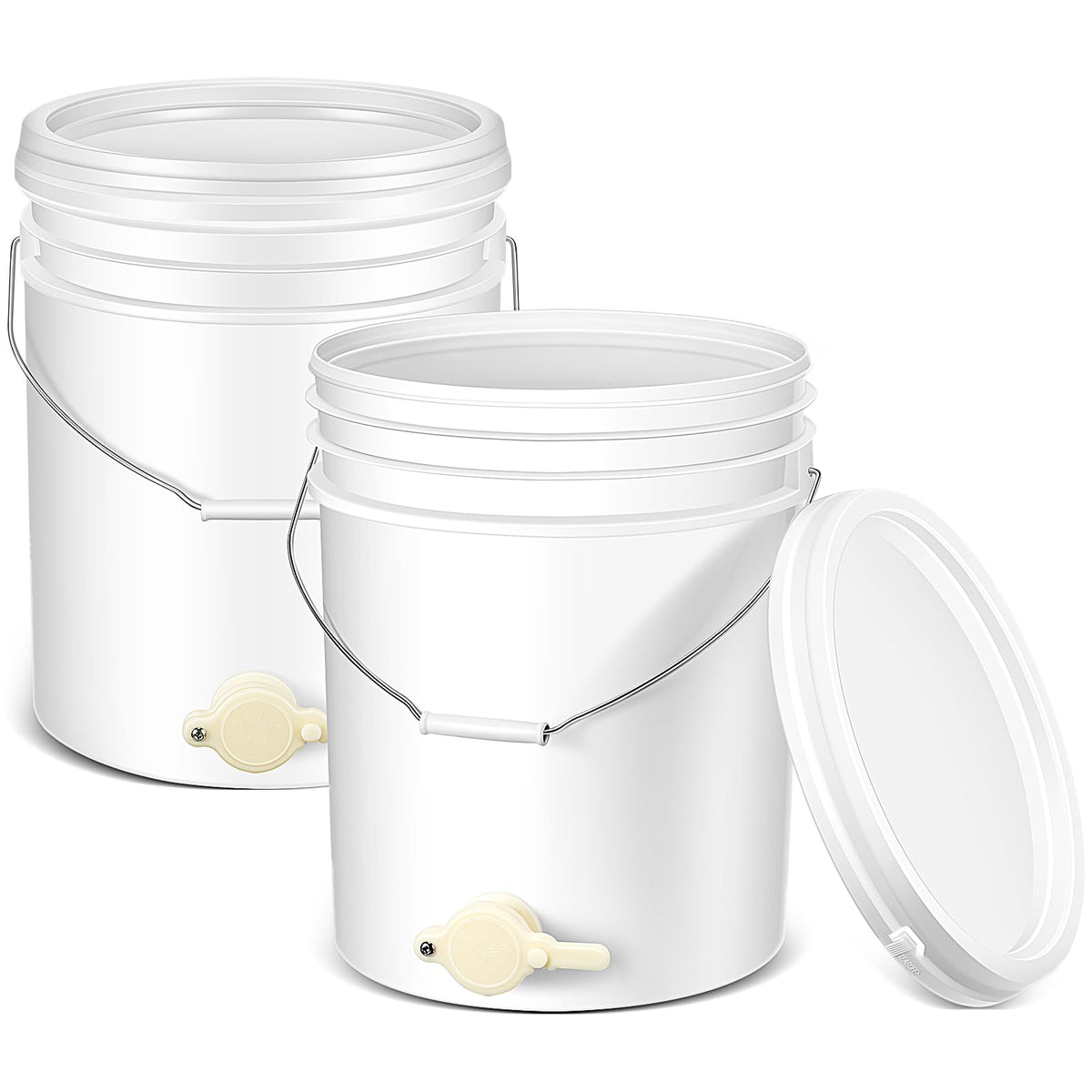 Suzile front view of two white 5 gallon honey buckets showing clean packaging and capacity benefit