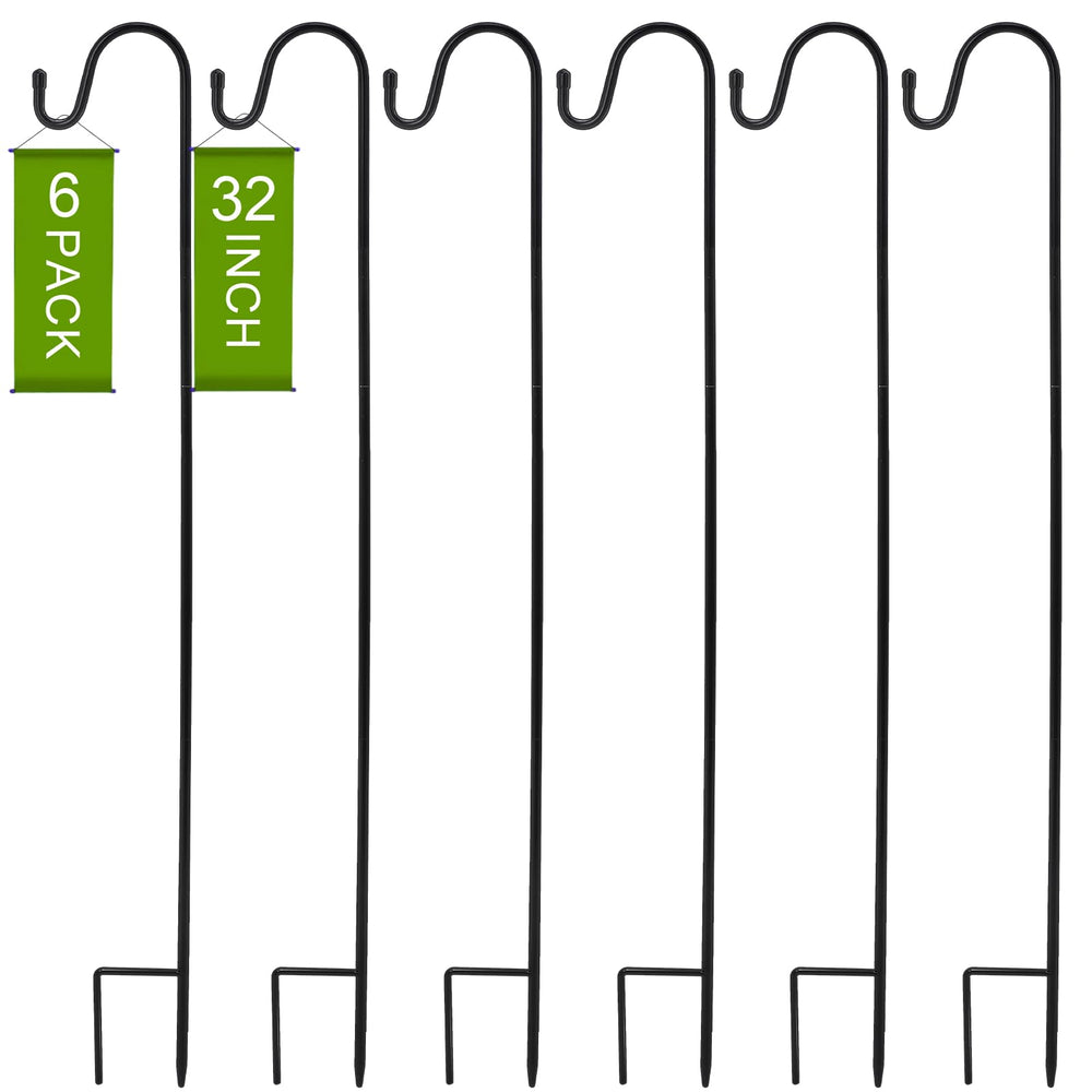Suzile front view of six assembled shepherd hooks showing tidy garden display and durability
