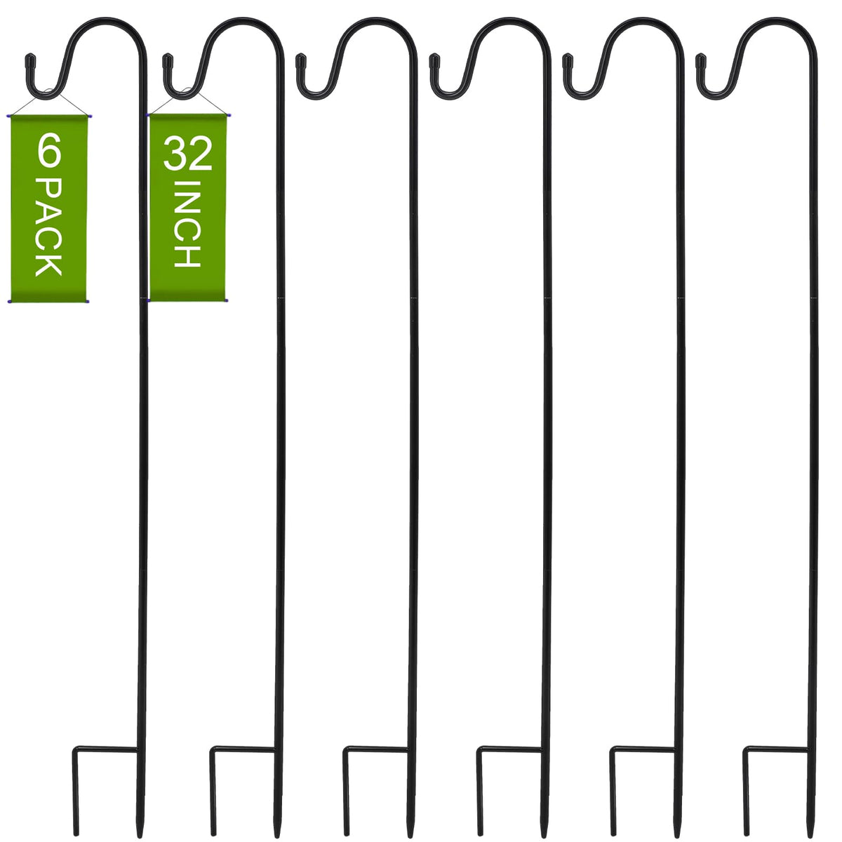 Suzile front view of six assembled shepherd hooks showing tidy garden display and durability