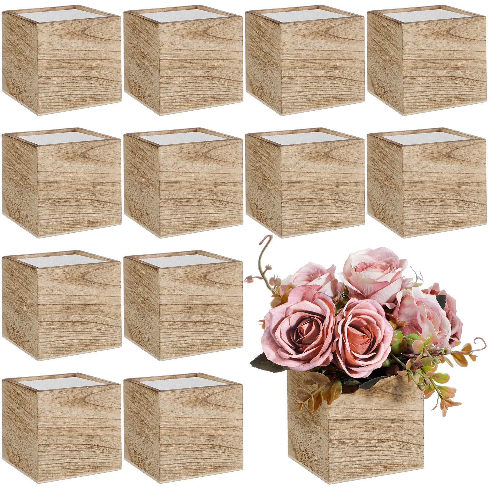 Suzile front view of 12 wooden planter boxes showing rustic finish and organization