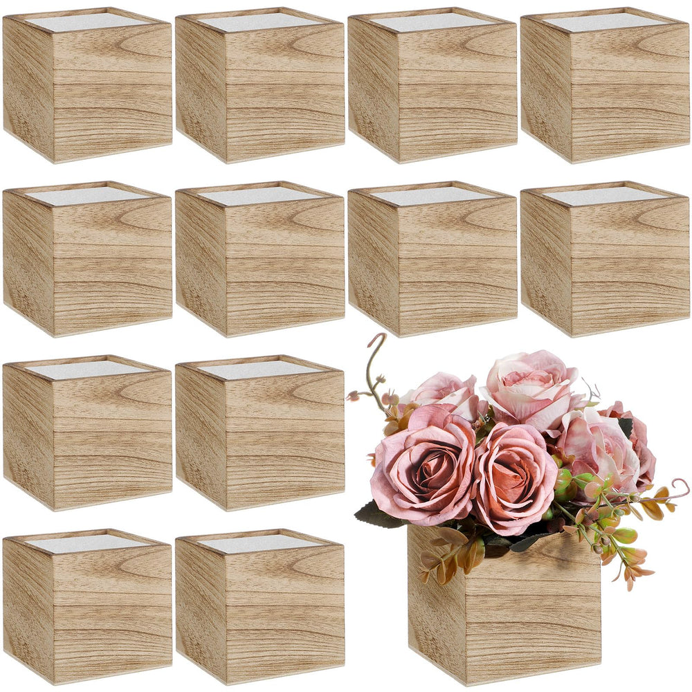 Suzile front view of 12 wooden planter boxes showing rustic finish and organization