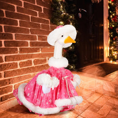 Suzile goose outfit displayed on statue showing easy application and holiday cheer