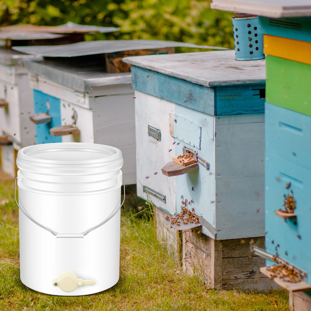Suzile buckets staged at an apiary showing practical use and efficient harvest handling