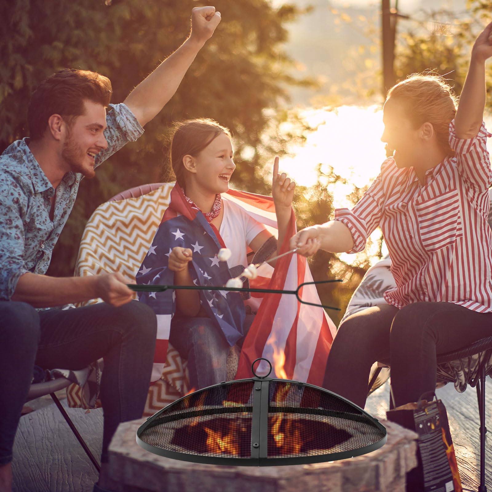 Suzile screen on outdoor firepit creating safer backyard ambiance
