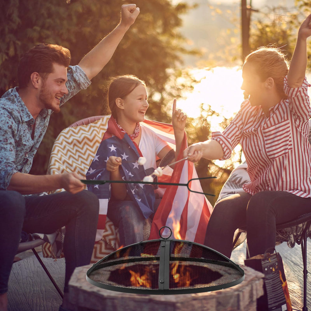 Suzile screen on outdoor firepit creating safer backyard ambiance