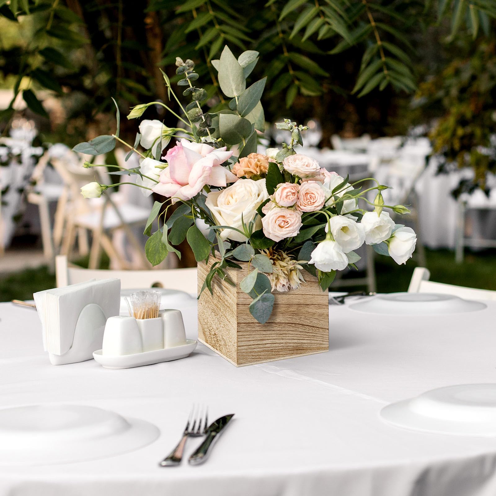 Suzile wooden boxes arranged with faux flowers showing instant centerpiece appeal
