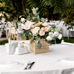 Suzile wooden boxes arranged with faux flowers showing instant centerpiece appeal