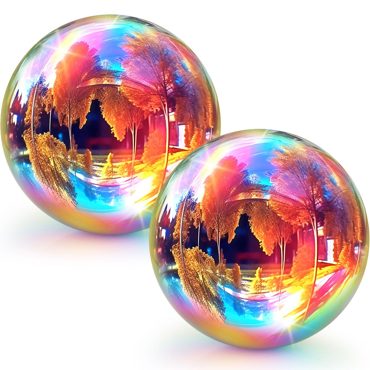 Suzile rainbow gazing globe front view showing vibrant reflective finish and focal appeal