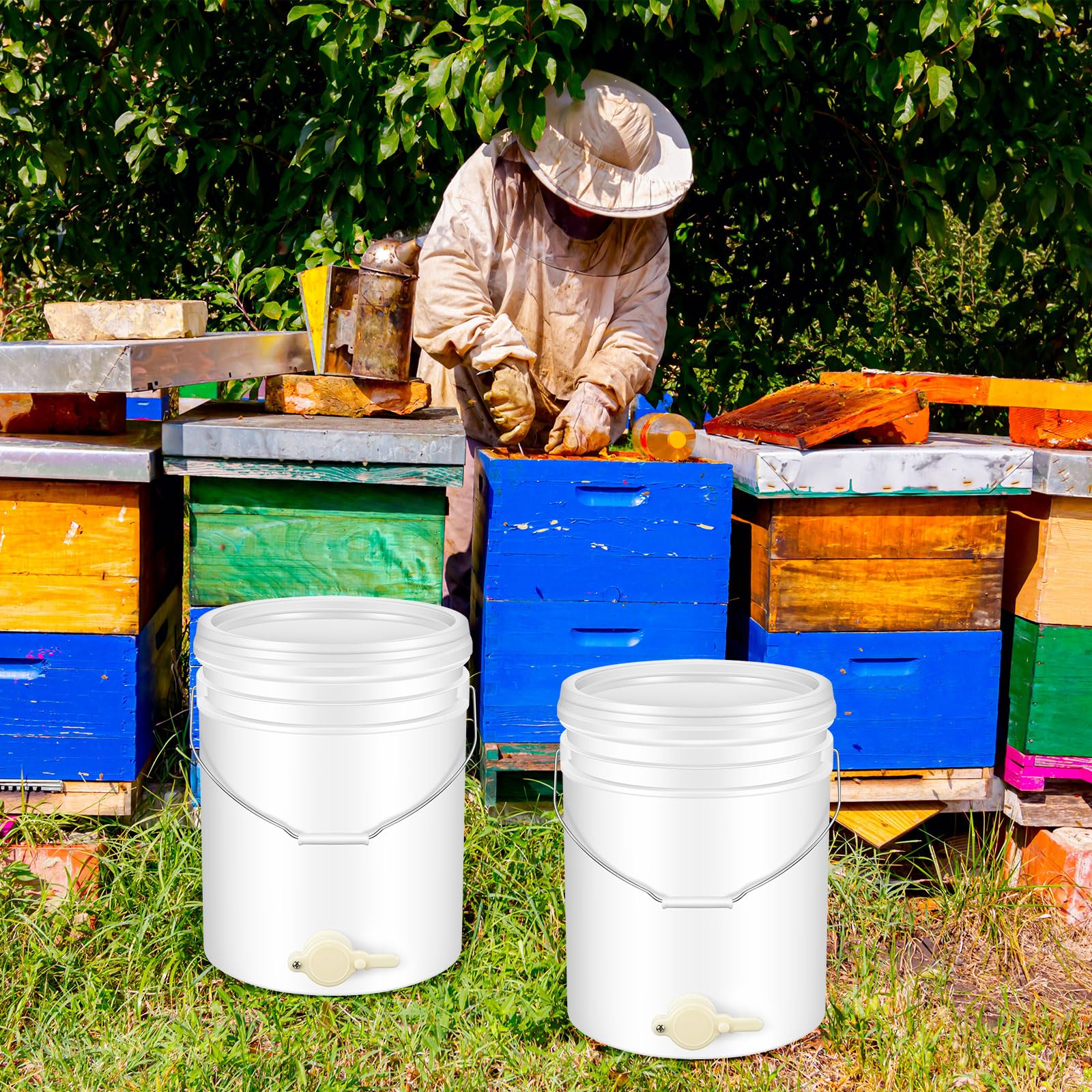 Suzile bucket next to standard honey jar showing 20L scale and easier bottling workflow