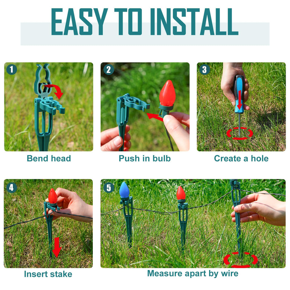 suzile stake inserted in ground holding C9 lights, keeps lights neatly elevated