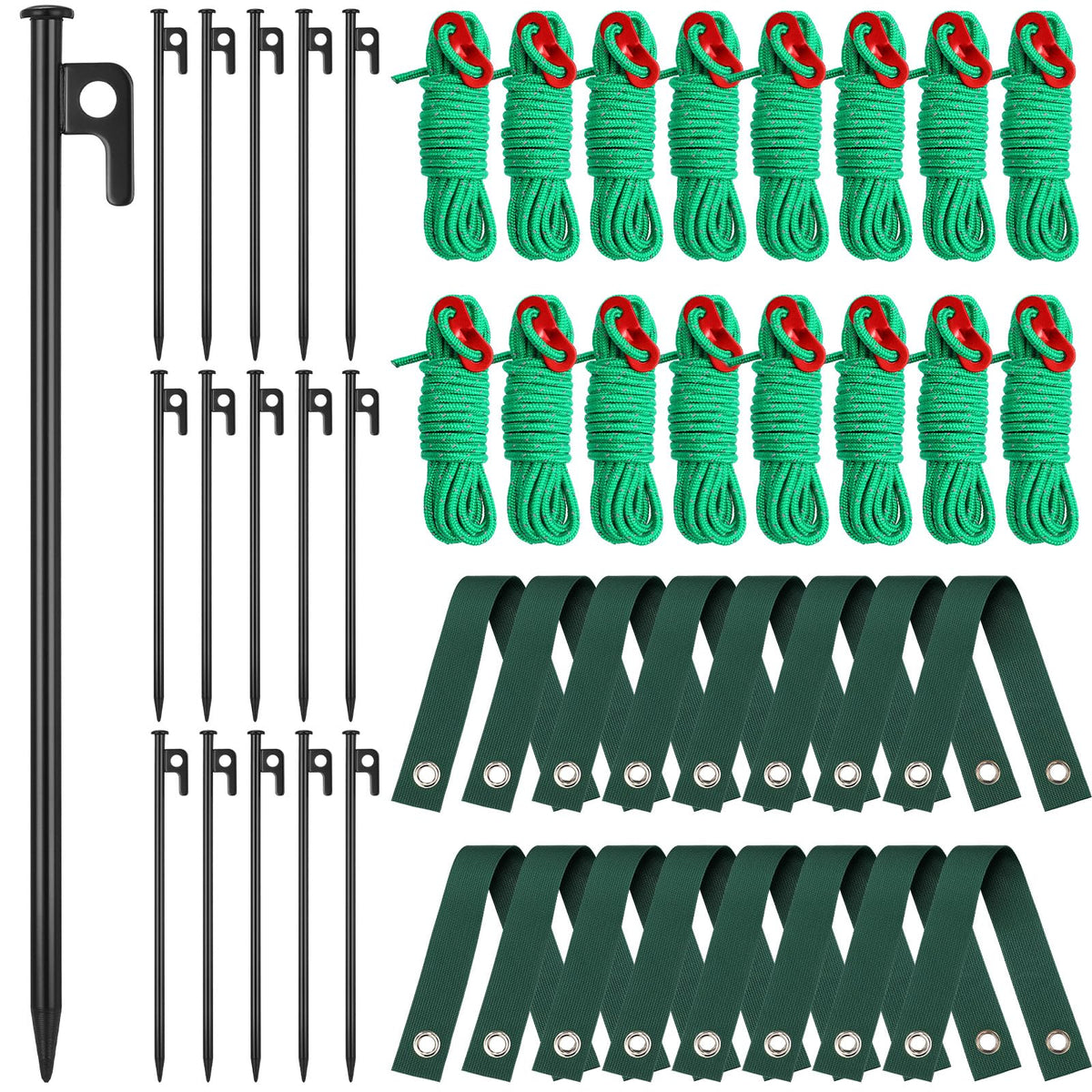 Suzile overview of stakes straps and ropes showing complete 48-piece kit for convenience