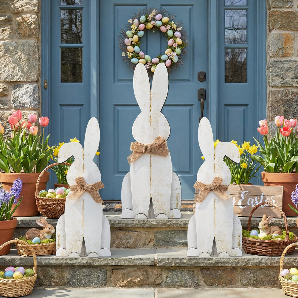 Suzile wooden bunny front view showing decorative silhouette and seasonal charm