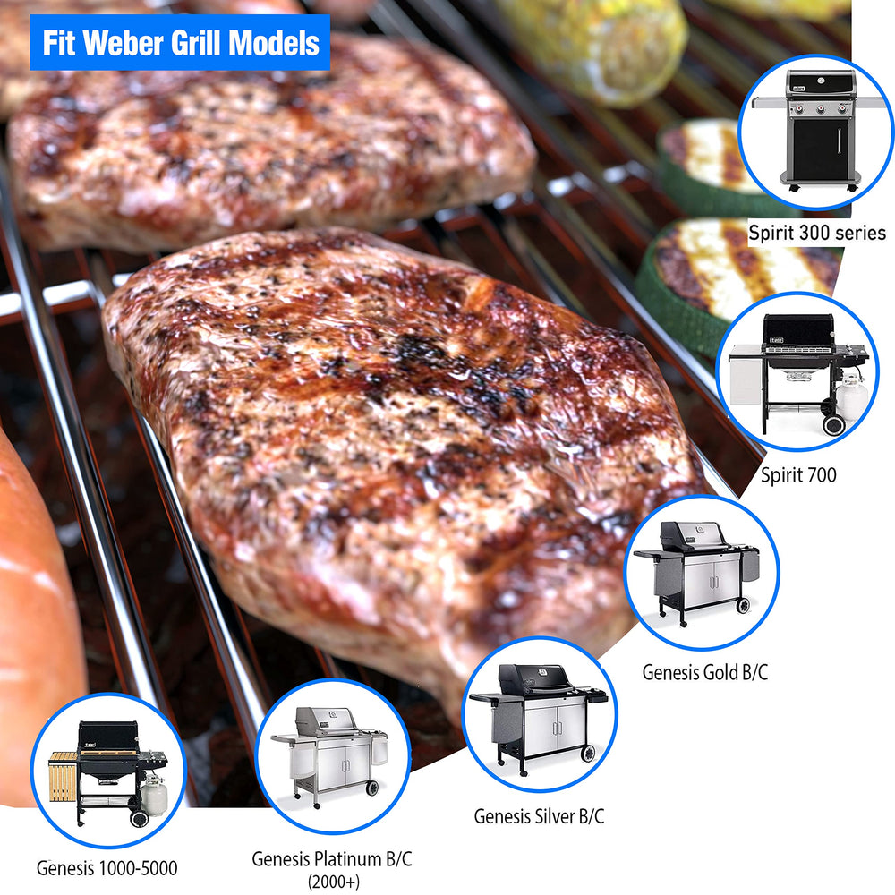 SUZLON grates installed on Weber grill with steaks cooking showing searing benefit