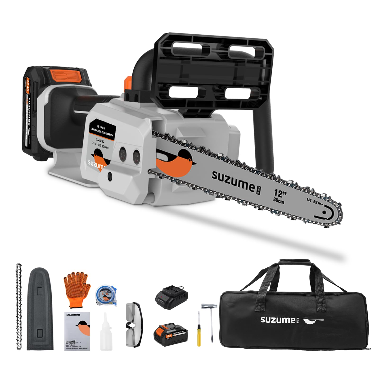 SUZUME front packaging showing complete cordless chainsaw kit and benefits