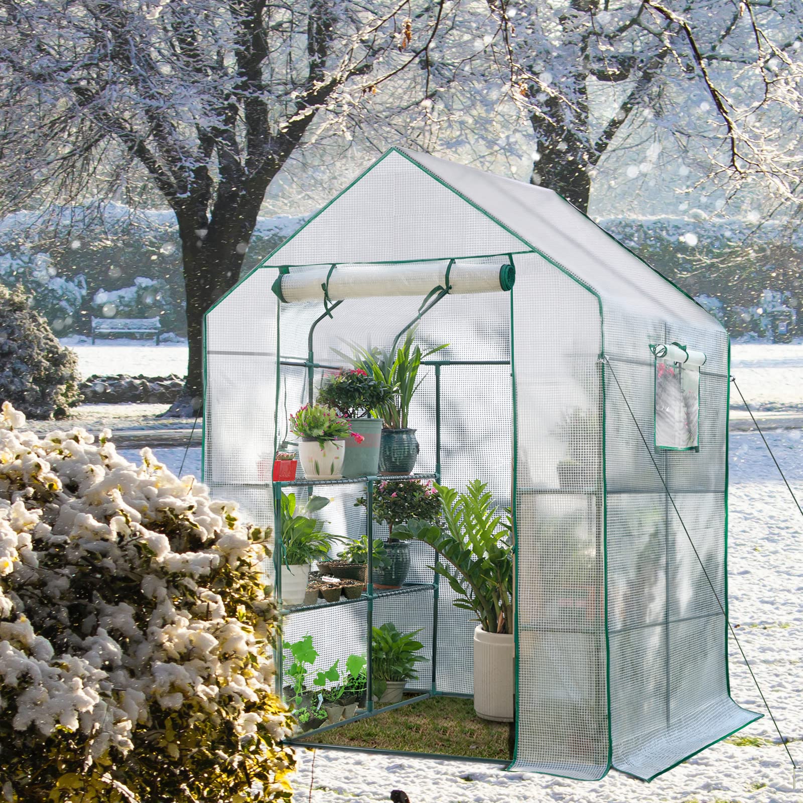 SV SCOOL VALUE greenhouse on patio with potted plants, extends growing season outdoors