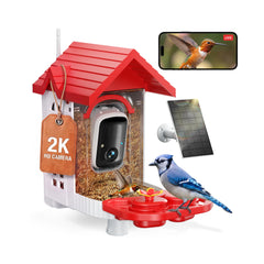 SV3C front view of bird feeder showing camera and decorative housing benefit: clear framing